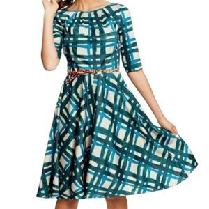 Boden Amy Plaid Fit And Flare Midi Dress Womens 6L Green Retro Lined 100% Cotton